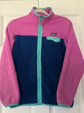 Patagonia Girls' Colorblock Fleece Jacket - Pink & Navy with Aqua Trim size